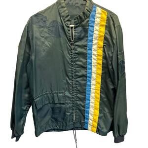 Vintage 1970s Green Racing Stripe‎ Full Zip Jacket Wind Breaker Nylon Rockabilly